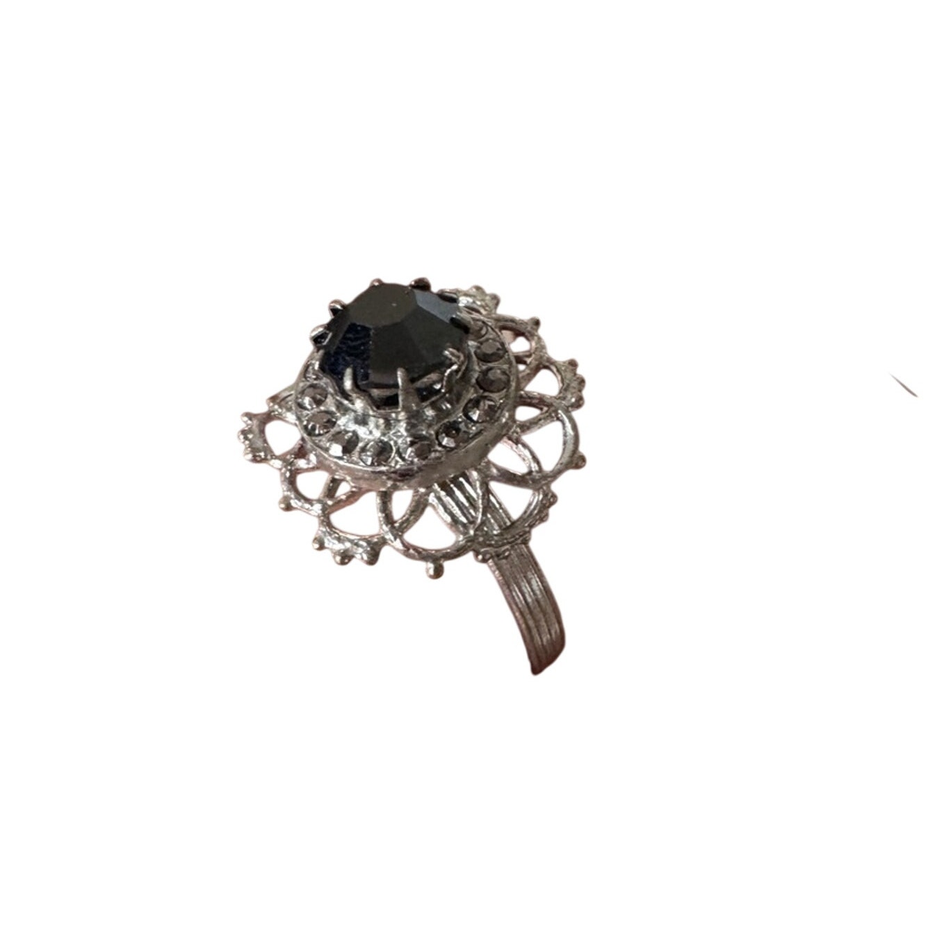 Vintage Filigree Silver Tone Adjustable Ring Black Stone Estate